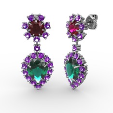 Yeşil kuvars, ametist ve rodolit garnet 14 ayar beyaz altın küpe