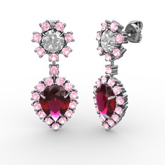 Rodolit garnet, pembe kuvars ve swarovski 14 ayar beyaz altın küpe