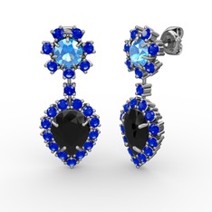 Seranta Damla Küpe - Siyah zirkon, lab safir ve akuamarin 18 ayar beyaz altın küpe #u675bb