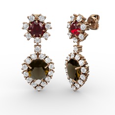 Dumanlı kuvars, swarovski ve garnet 14 ayar rose altın küpe