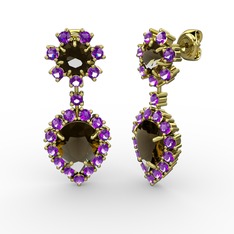 Seranta Damla Küpe - Dumanlı kuvars ve ametist 8 ayar altın küpe #uyj41k