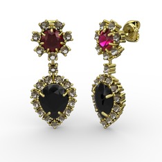 Seranta Damla Küpe - Siyah zirkon, dumanlı kuvars ve rodolit garnet 18 ayar altın küpe #v733lu