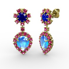 Akuamarin, rodolit garnet ve lab safir 14 ayar altın küpe