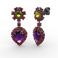 Ametist, garnet ve peridot 925 ayar siyah rodyum kaplama gümüş küpe