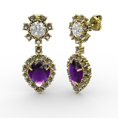 Ametist, dumanlı kuvars ve swarovski 8 ayar altın küpe