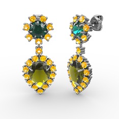 Peridot, sitrin ve yeşil kuvars 8 ayar beyaz altın küpe