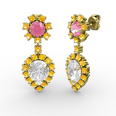 Swarovski, sitrin ve pembe kuvars 14 ayar altın küpe