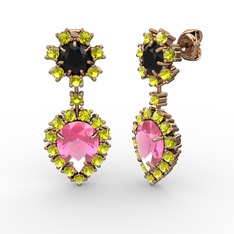 Pembe kuvars, peridot ve siyah zirkon 14 ayar rose altın küpe