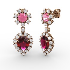 Rodolit garnet, swarovski ve pembe kuvars 14 ayar rose altın küpe