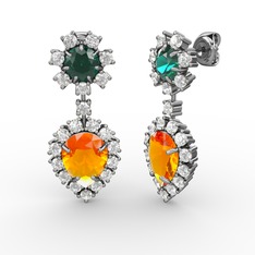 Sitrin, swarovski ve yeşil kuvars 14 ayar beyaz altın küpe