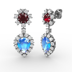 Akuamarin, beyaz zirkon ve garnet 14 ayar beyaz altın küpe