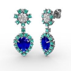 Lab safir, yeşil kuvars ve swarovski 14 ayar beyaz altın küpe
