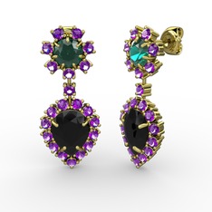 Seranta Damla Küpe - Siyah zirkon, ametist ve yeşil kuvars 8 ayar altın küpe #ydcujy