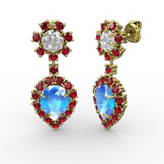 Akuamarin, garnet ve swarovski 8 ayar altın küpe