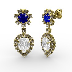 Seranta Damla Küpe - Beyaz zirkon, dumanlı kuvars ve lab safir 18 ayar altın küpe #yye2mp