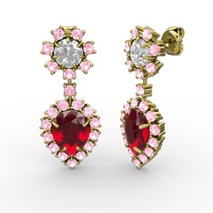 Garnet, pembe kuvars ve beyaz zirkon 14 ayar altın küpe