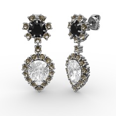 Seranta Damla Küpe - Swarovski, dumanlı kuvars ve siyah zirkon 18 ayar beyaz altın küpe #zrq236