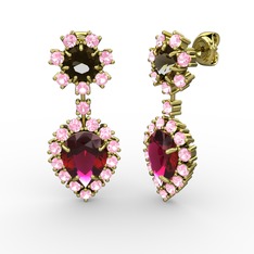 Rodolit garnet, pembe kuvars ve dumanlı kuvars 14 ayar altın küpe