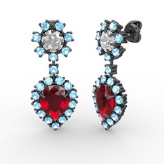 Garnet, akuamarin ve beyaz zirkon 925 ayar siyah rodyum kaplama gümüş küpe