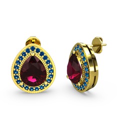 Rodolit garnet ve lab safir 18 ayar altın küpe