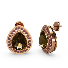 Esinti Küpe - Dumanlı kuvars ve kök yakut 18 ayar rose altın küpe #1678k8q