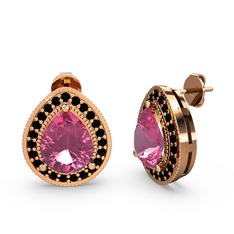 Pembe kuvars ve siyah zirkon 8 ayar rose altın küpe