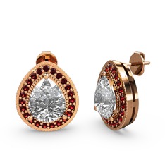 Beyaz zirkon ve garnet 14 ayar rose altın küpe