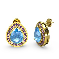 Akuamarin ve ametist 18 ayar altın küpe