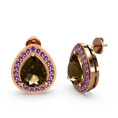 Dumanlı kuvars ve ametist 925 ayar rose altın kaplama gümüş küpe