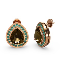 Dumanlı kuvars ve kök zümrüt 18 ayar rose altın küpe