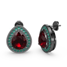 Esinti Küpe - Garnet ve kök zümrüt 925 ayar siyah rodyum kaplama gümüş küpe #9eo8bo