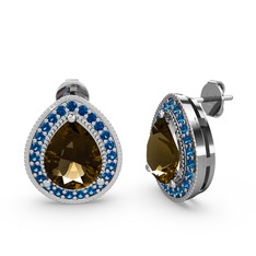 Dumanlı kuvars ve lab safir 14 ayar beyaz altın küpe