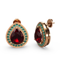 Garnet ve kök zümrüt 14 ayar rose altın küpe