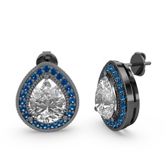 Beyaz zirkon ve lab safir 925 ayar siyah rodyum kaplama gümüş küpe