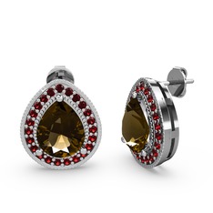 Dumanlı kuvars ve garnet 14 ayar beyaz altın küpe