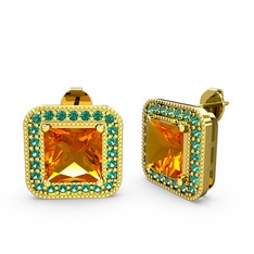 Esinti Kare Küpe - Sitrin ve yeşil kuvars 18 ayar altın küpe #10a9jvb