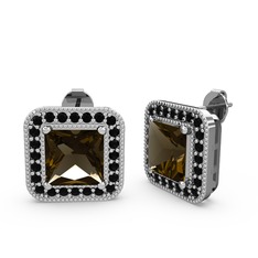 Esinti Kare Küpe - Dumanlı kuvars ve siyah zirkon 14 ayar beyaz altın küpe #10h1wvs