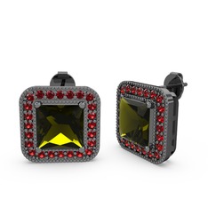 Esinti Kare Küpe - Peridot ve garnet 925 ayar siyah rodyum kaplama gümüş küpe #11zh5h