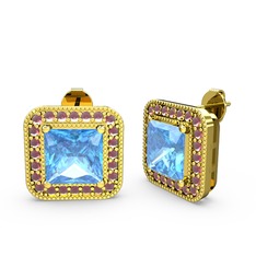 Esinti Kare Küpe - Akuamarin ve kök yakut 14 ayar altın küpe #1291sey