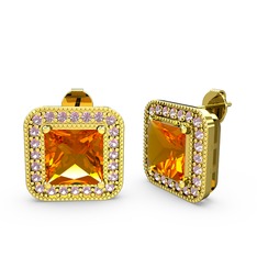 Esinti Kare Küpe - Sitrin ve pembe kuvars 14 ayar altın küpe #12ghcq6