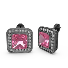 Pembe kuvars ve beyaz zirkon 925 ayar siyah rodyum kaplama gümüş küpe