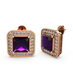 Ametist ve beyaz zirkon 8 ayar rose altın küpe