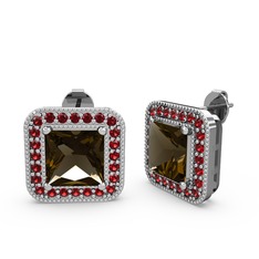 Esinti Kare Küpe - Dumanlı kuvars ve garnet 14 ayar beyaz altın küpe #14j9ysn