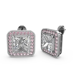 Esinti Kare Küpe - Swarovski ve pembe kuvars 8 ayar beyaz altın küpe #16jj7ny