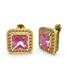 Esinti Kare Küpe - Pembe kuvars ve kök yakut 18 ayar altın küpe #170fijw