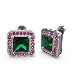 Esinti Kare Küpe - Yeşil kuvars ve rodolit garnet 14 ayar beyaz altın küpe #171pj8q