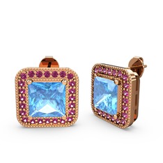 Esinti Kare Küpe - Akuamarin ve rodolit garnet 18 ayar rose altın küpe #171ww62