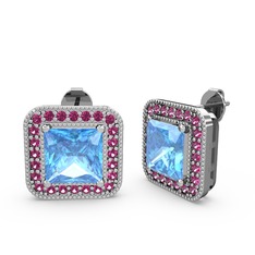 Akuamarin ve rodolit garnet 14 ayar beyaz altın küpe