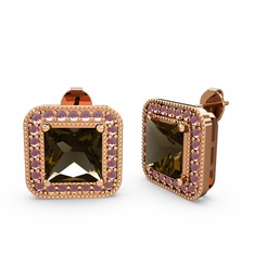Esinti Kare Küpe - Dumanlı kuvars ve kök yakut 925 ayar rose altın kaplama gümüş küpe #17lbvba
