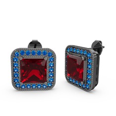 Esinti Kare Küpe - Garnet ve lab safir 925 ayar siyah rodyum kaplama gümüş küpe #17oo4gw